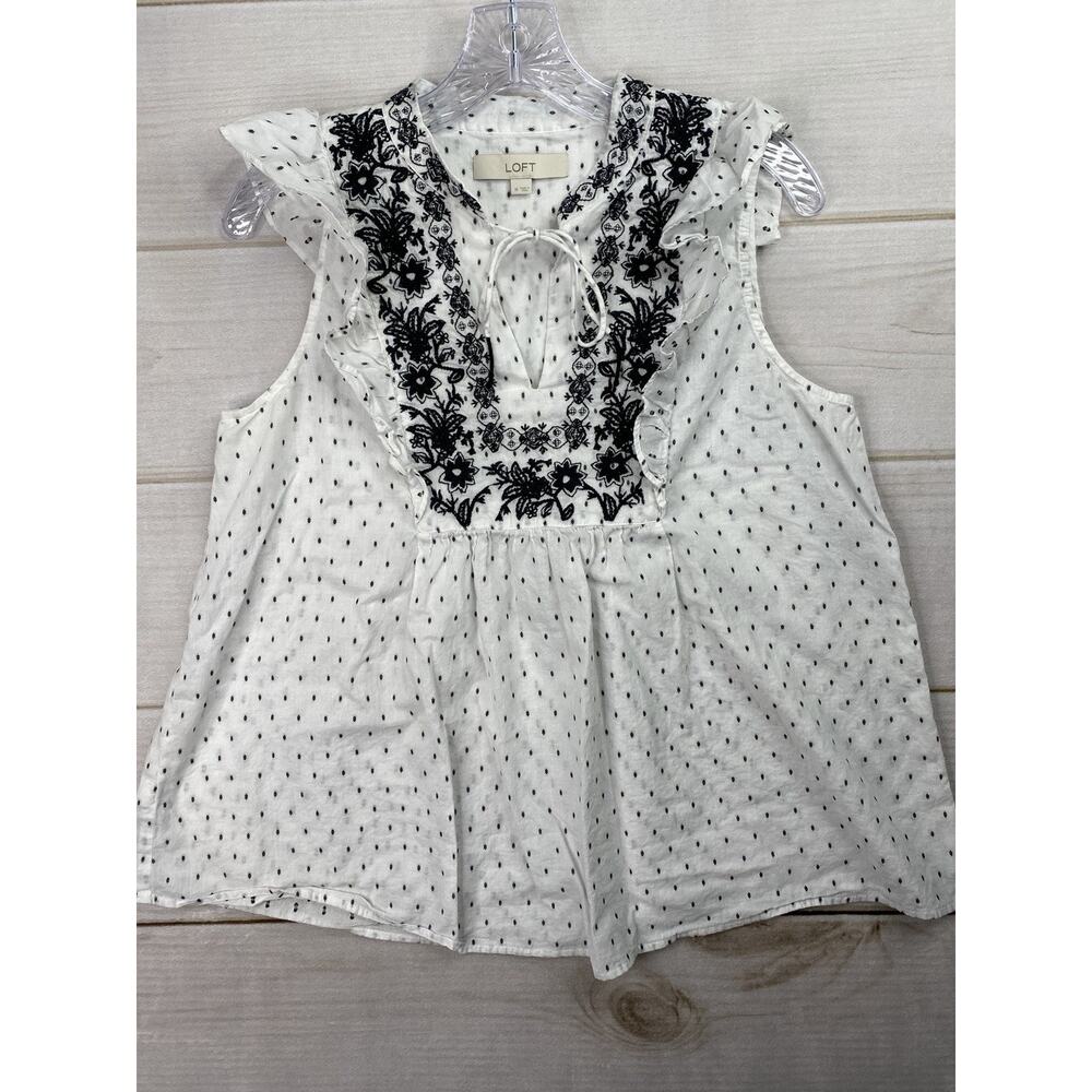 LOFT Top Womens M Black White Floral Embroidered Tie Neck Keyhole Polka Dot